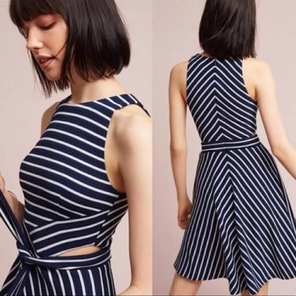Anthropologie Dress Striped Navy Cutout Size Small